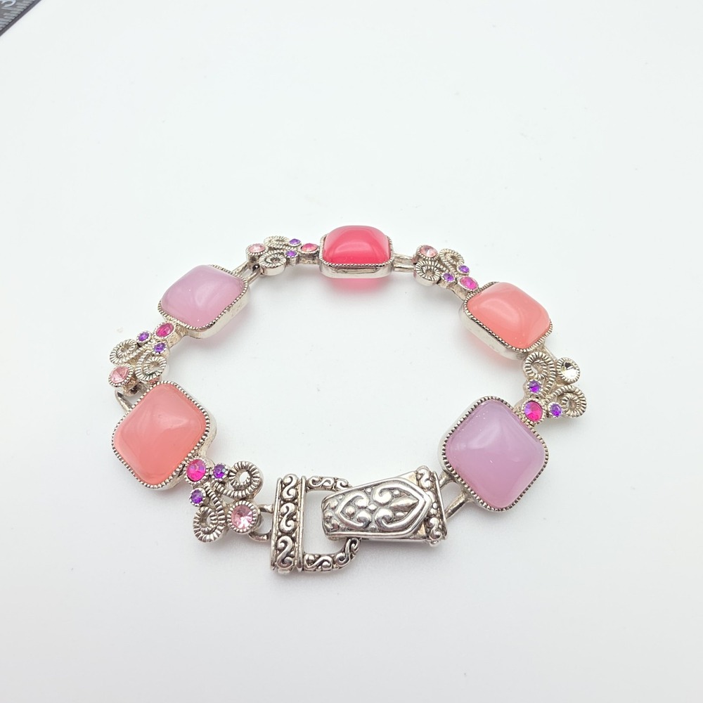 Ornate Design Bracelet Pink Resin Stones Crystal Accents Silver‎ Plate 7.5"